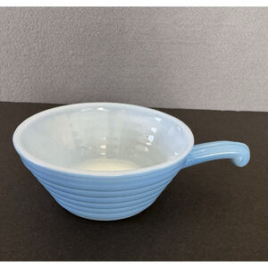Vintage Fire-King Oven Ware Blue Ribbed Handled Soup Bowl 5” Made USA